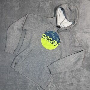 Oakley Pullover Hoodie Large Gray Blue Neon Graphic Circle Logo‎ Sweatshirt